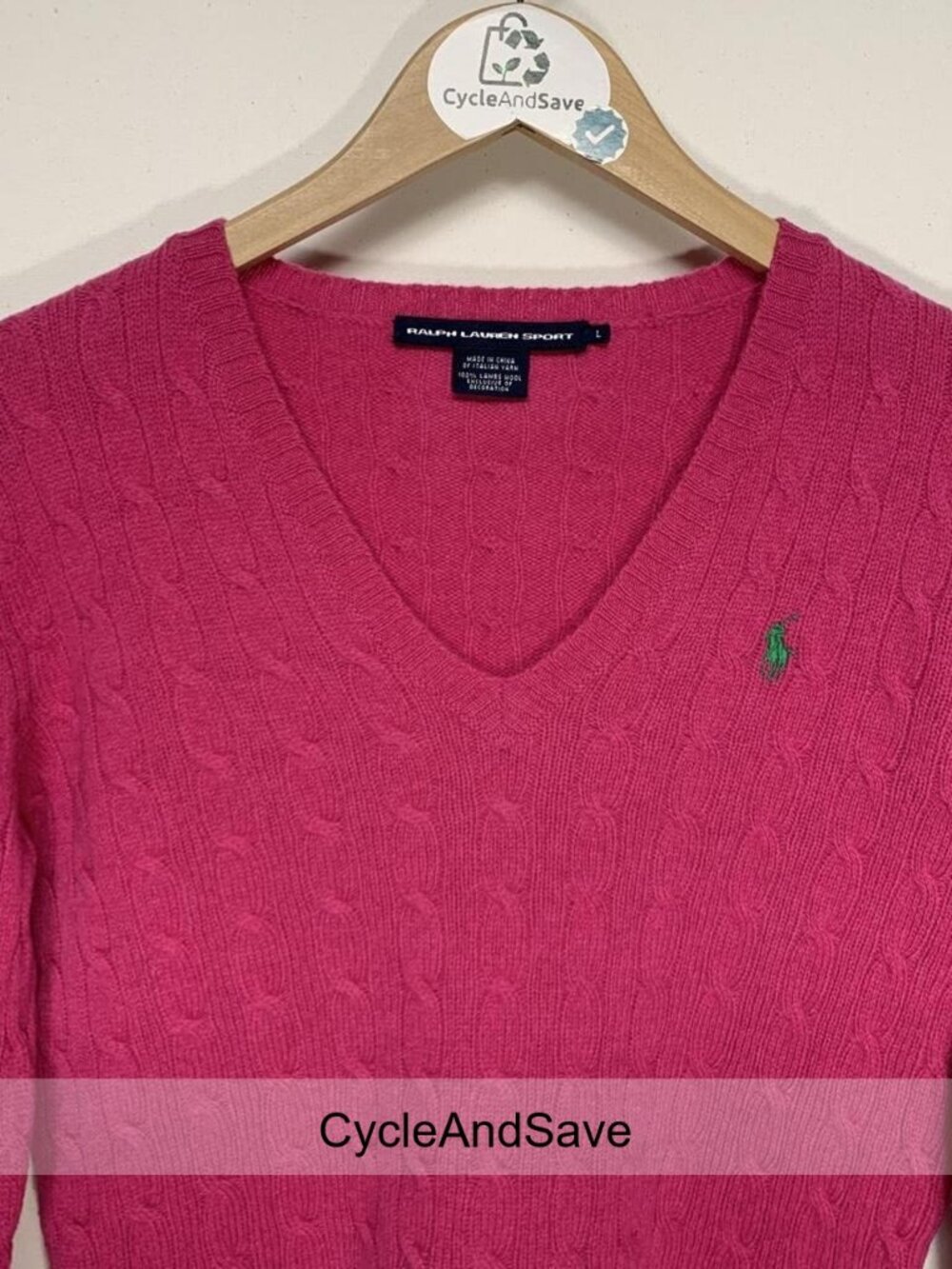 Ralph Lauren Pink Cable Knit Lambs Wool V-Neck Sweater